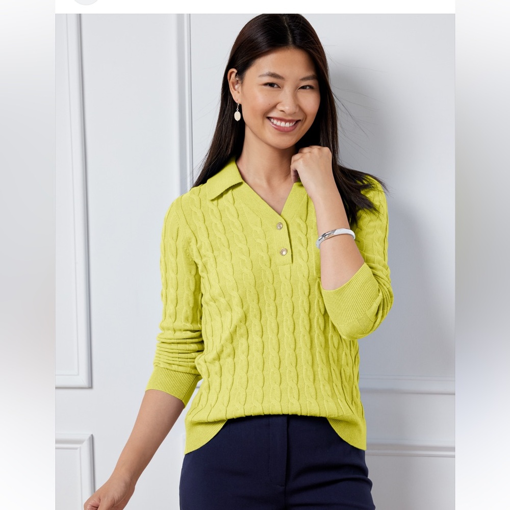 Talbots CABLE KNIT JOHNNY COLLAR SWEATER- yellow with gold buttons size XS